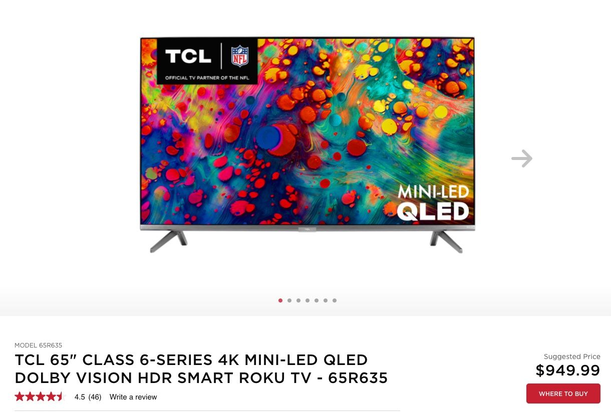 TCL 65” 6-Series QLED 4k Roku Smart TV