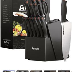 Astercook Knife set, 14-Piece Kitchen Knife Set with Built-in Sharpener, High Carbon German Stainless Steel Knives Block Sets, Ultra Sharp & Rust Resi