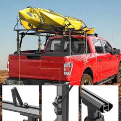 Adjustable Aluminum Truck Ladder Rack Fit for F150 Silverado Ram Sierra, Clamp-On No Drill Installation, Heavy Duty 800 LBS Load Capacity, Truck Bed R