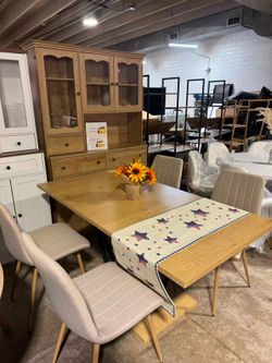 Miereirl 5-Piece Modern Farmhouse Dining Table Set for 5, Kitchen Table Set with 4 Upholstered Chairs, Space-Saving Dining Room Set for Kitchen, Smal