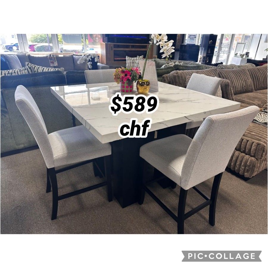 White marble top 5 Pc counter height dining table set