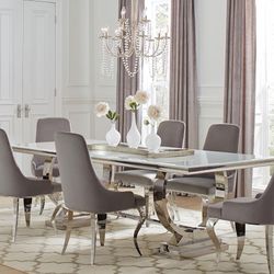 Antoine 7-Piece Rectangular Dining Set in Chrome and Grey