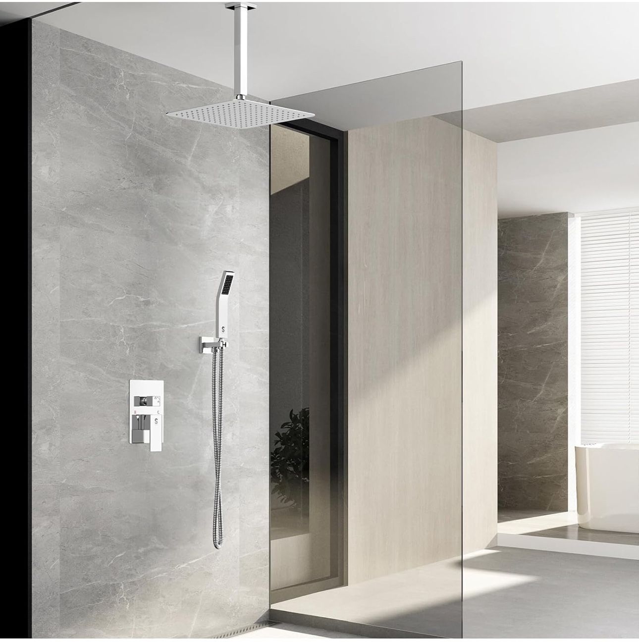 SR Sun Rise 12 Inch Ceiling Mounted Shower System Rain Mixer Combo Set Rainfall Shower Head System Faucet Trim Repair Kits Polished Chrome Rough-in Va