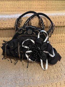 Women’s Black Beaded Fringe Embellishment Unique Evening Bag 6”x11”