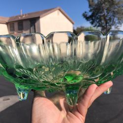 Vintage large oval shaped footed green depression glass bowl $20.00