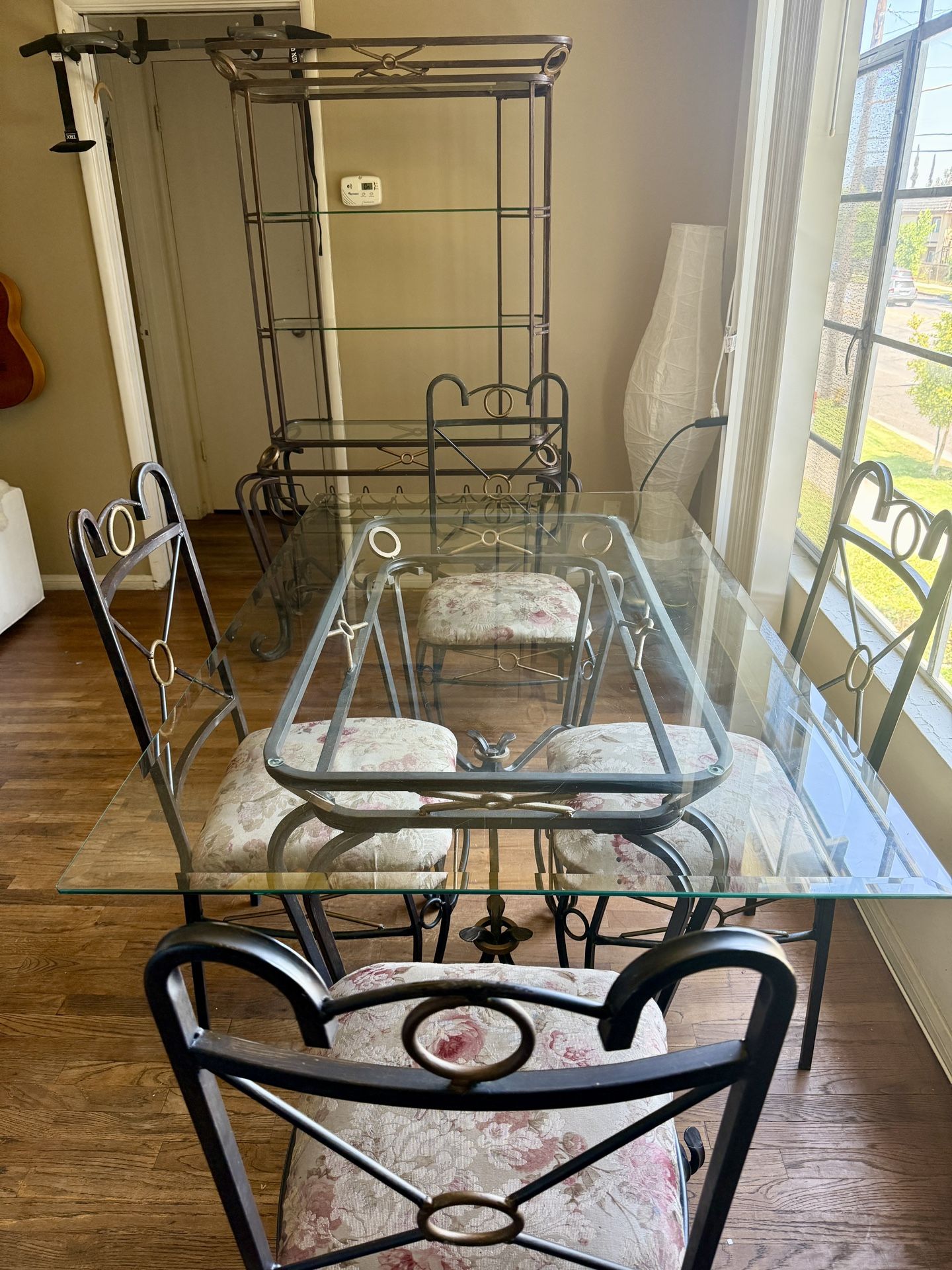 Ethan Allen Glass Dining Table Set, 4 Chairs, W/ Shelves Wine Rack