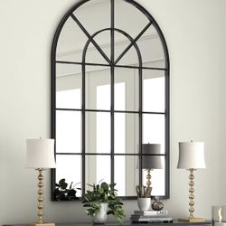 Arched Window Finished Metal Mirror, 32×45" Wall Mirror Windowpane Decoration for Living Room