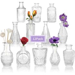 Bud Vases Set of 12Pcs Small Glass Vases for Flowers Bud Vases in Bulk Vintage Vases for Centerpieces Flower Vase Wedding Centerpieces for Tables Mini