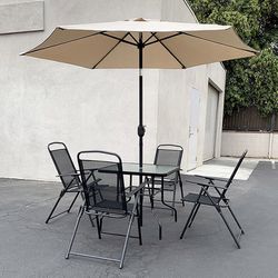(NEW) $135 Outdoor 6pcs Patio Set with 32x32” Table, 4pc Folding Chairs and 10ft Tilt Umbrella 