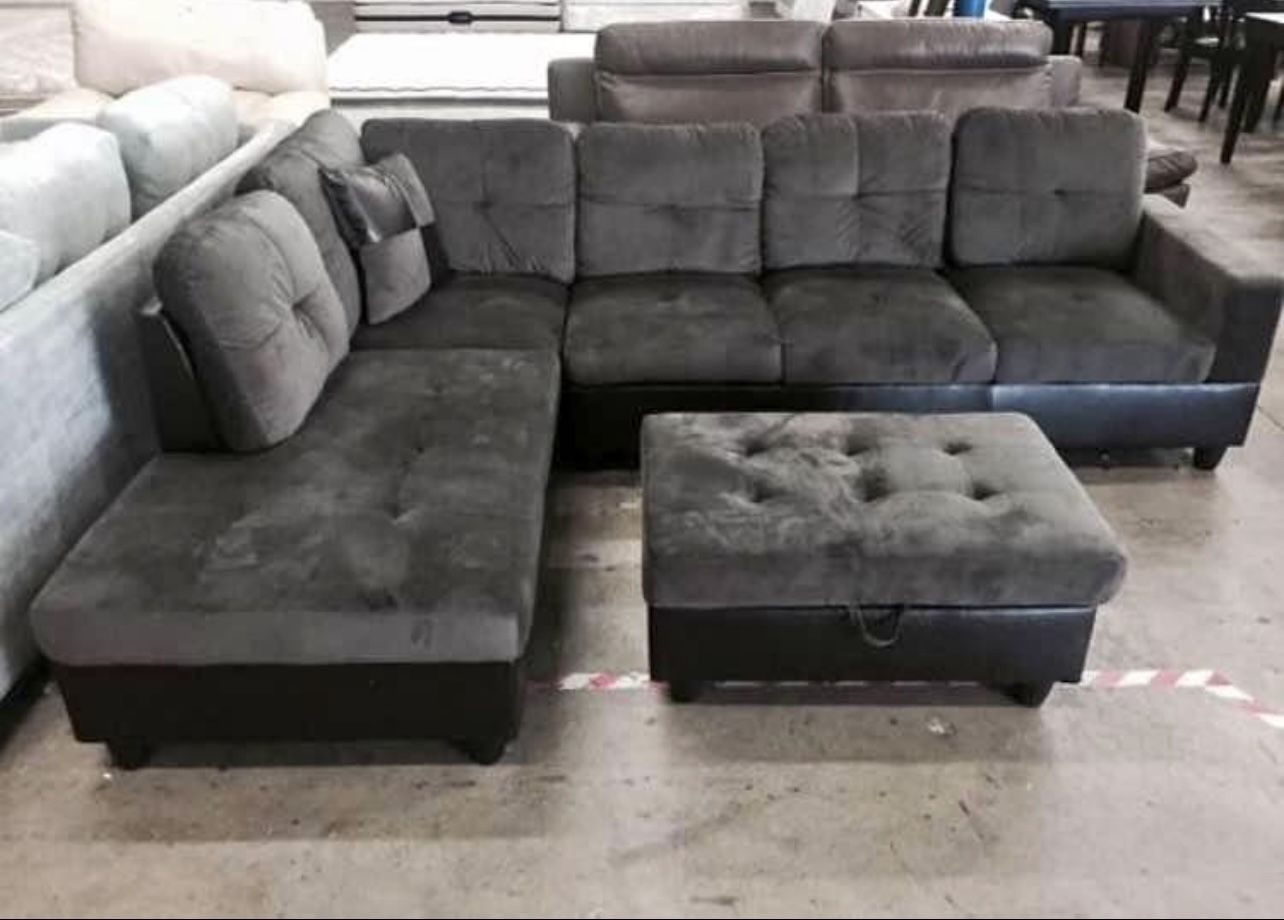 Grey Microfiber Sectional Couch And Ottoman