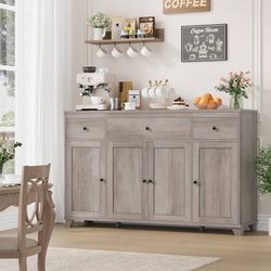 55" Large Kitchen Buffet Cabinet with Storage Drawers, Farmhouse Sideboard Buffet Table Storage Cabinet with Doors and Shelves, Wood Coffee Bar for Ho