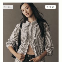 PILCRO Anthropologie oversized Striped Ruffle Sequin Button Down Shirt Top Plus Size 1X