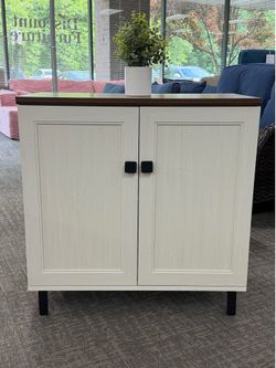 Farmhouse Modern Storage Cabinet with Adjustable Shelves and Metal Pedestal Sideboard for Kitchen, Coffee Bar, Living Room, Off White.  ✅Dimensions：15