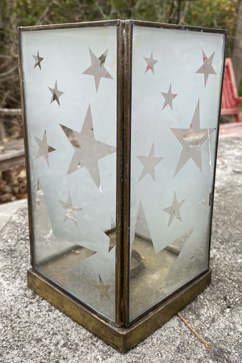 Vintage Stars Stained Glass And Brass PartyLite Tealight Votive Candle Holder Lantern