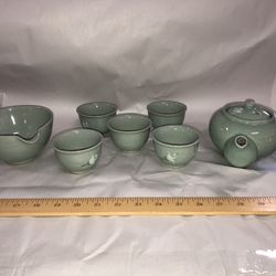 Vintage Green Porcelain Tea Set With Crane Motif (New/Old In Box)
