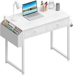Lufeiya Small White Desk with Drawers - for Bedroom, 32 Inch Home Office Computer Desk with Fabric Storage Drawer and Bag, Study Writing Table for Sma