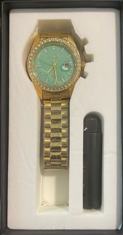 Gold-Tone Watch with Teal Dial and Crystal Bezel