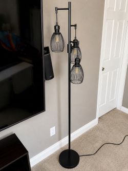 Dimmable 3-Light Industrial Floor Lamp – Hanging Cage Lights – Excellent Condition