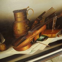 trompe l'oeil French Oil Painting of Violin and sheet music