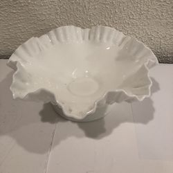 Fenton Milk Glass Hobnail Crimped Ruffled 11” Wide Footed  Bowl Marked