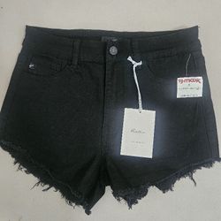 KanCan Shorts Black Cutoffs Mid Rise Shortie Fringe Stretch Denim Woman’s Sz 28