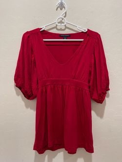 Banana Republic Stretch Women Small Red V-Neck Ballon Puff Sleeve Empire Waist