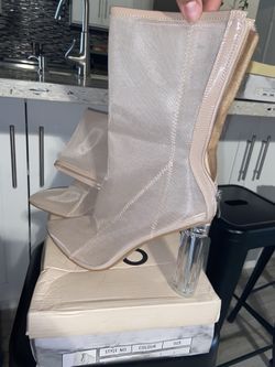 EGO Booties- tan, mesh/see through with clear heel