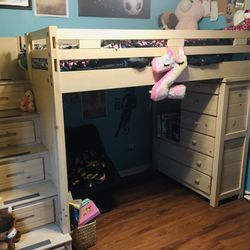 Twin Loft Bed With Attached Dresser, Drawers, and Bookshelf— Mattress Included!!!!