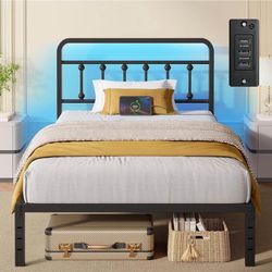 Rolanstar Twin Bed Frame with Headboard, Charging Station & LED Lights