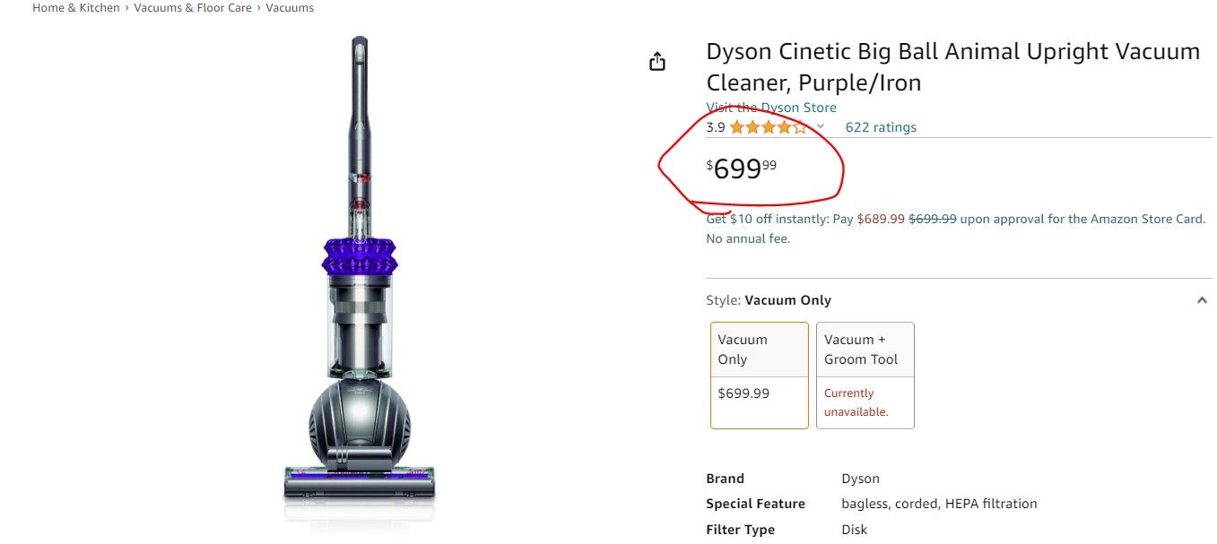 Dyson Cinetic Big Ball Animal Upright Vacuum Cleaner, Purple/Iron