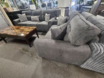 Brand New Charcoal Fabric Sofa + Loveseat With Accent Pillows