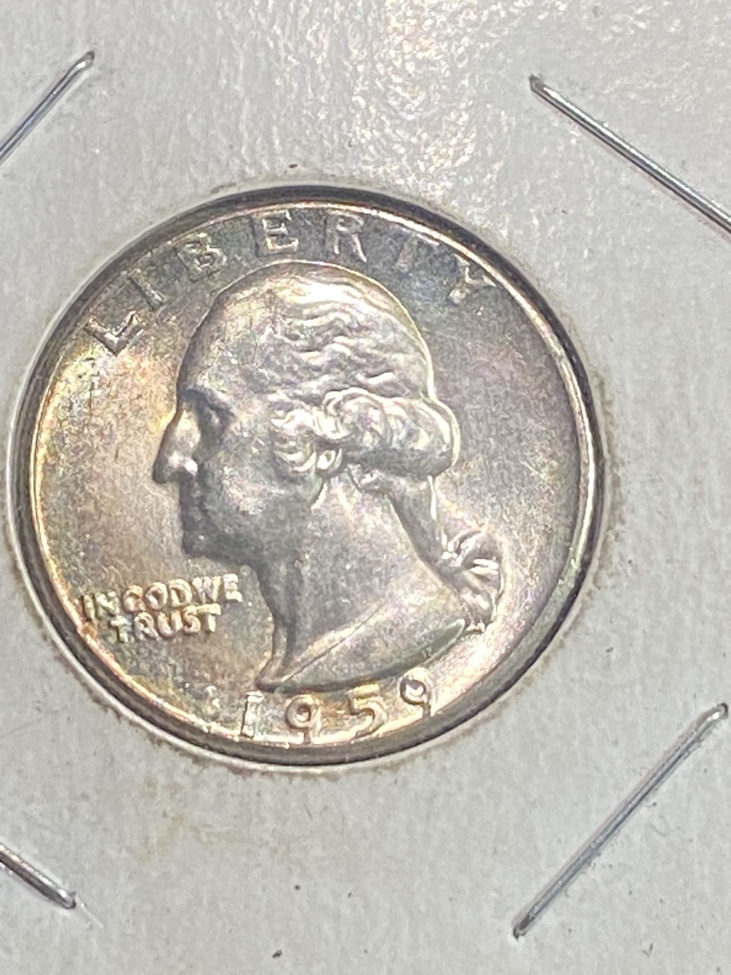 1959 with no mint mark silver Washington quarter with natural rainbow ton toning