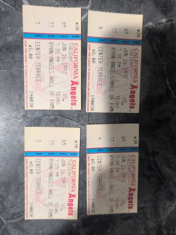 Vintage California Vs Texas Ticket Stubs June 16 1992. Ryan's Hall of Fame Game