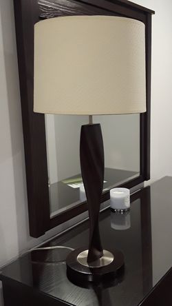 Modern table lamp espresso color. Wood with brushed nickle accents.