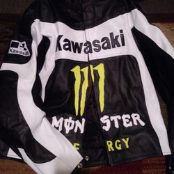   Brand New Never Worn           Genuine Leather Large Monster. Kawasaki , Racing Jacket With Body Armor 