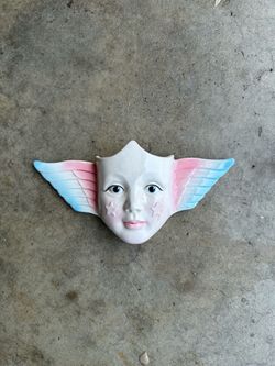 Vandor Imports Winged Star Face Ceramic Wall Pocket Pink Blue 80s Japan VTG