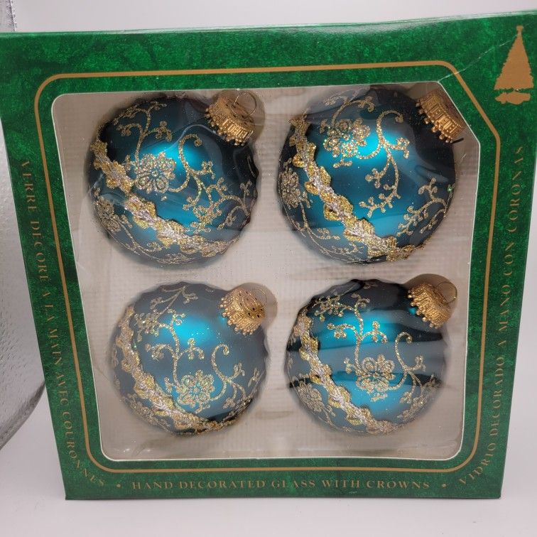 Vintage  Box Of 4 Christmas By Krebs Teal 3" Glass Ornaments Gold Glitter Design
