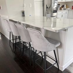 SET OF 2 Blue / Silver Velvet Counter Bar Chairs Kitchen Stools Counter Height Chairs Velvet Upholstered Barstools For Sale New Plush Counter Highback