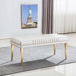 AUZ Modern Luxury Upholstered Bench, White PU Leather Dining Room Channel Ottoman with Gold Stainless Steel Legs