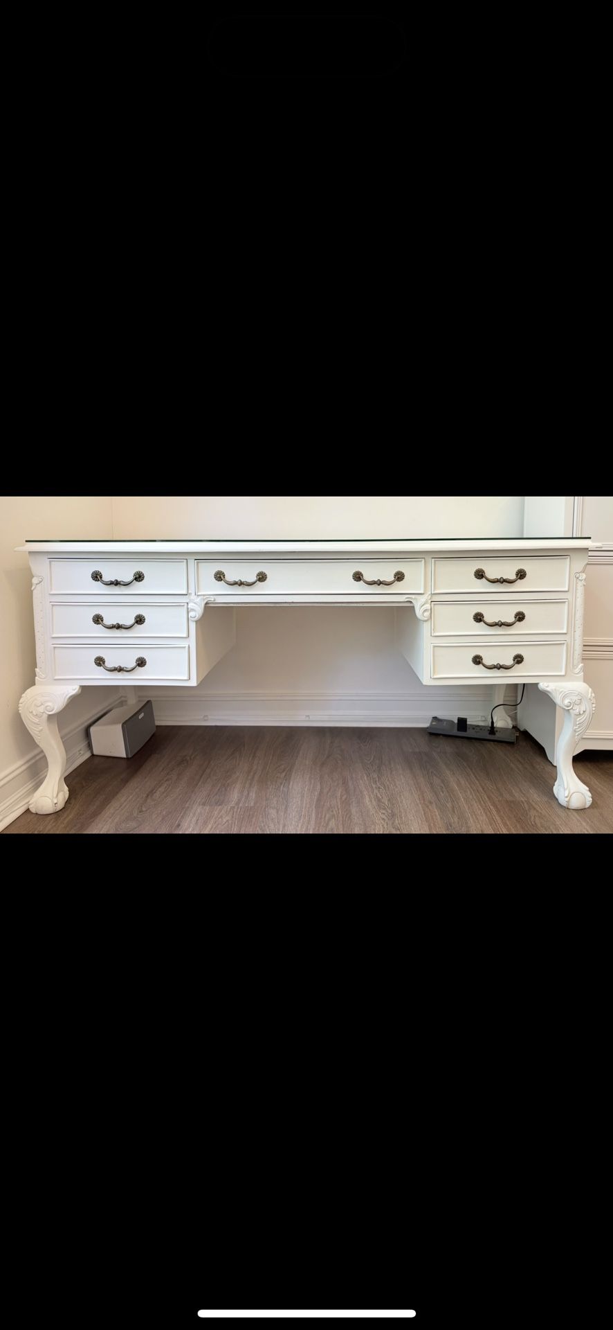 50% OFF Vintage White Wooden Desk w/ Custom Glass Top – 63”