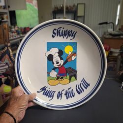 Vintage 70's Disney Made In USA Large Clay Glazed 13" Bowl/Platter W/Mickey Grilling Says "Skippy King Of The Grill"