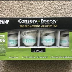 New! Pack of 4 Light Bulbs - Energy Efficient- Feit CE13T2 Conserv-Energy 60W Equivalent CFL 13-Watt Light