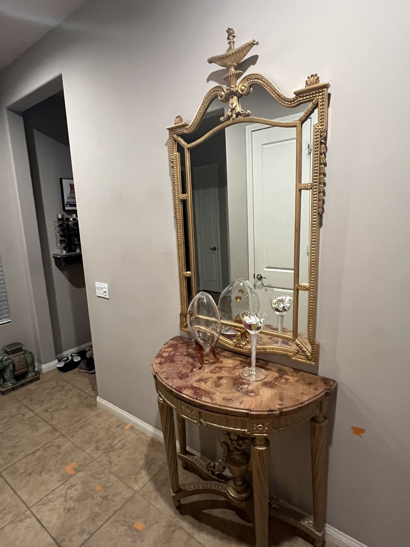 Gold Mirror with a Half Moon Marble Console Entryway Table 