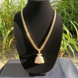 Gold Chain Cuban Necklace 24in 8mm And Icy Money Bag Pendant Set 