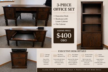 Ashley Furniture 3-Piece Executive Home Office Set – Desk, Bookcase & File Cabinet – $400 OBO