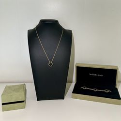 18k Gold Filled Over Steel Black Clover Set Bracelet And Single Pendant Necklace 