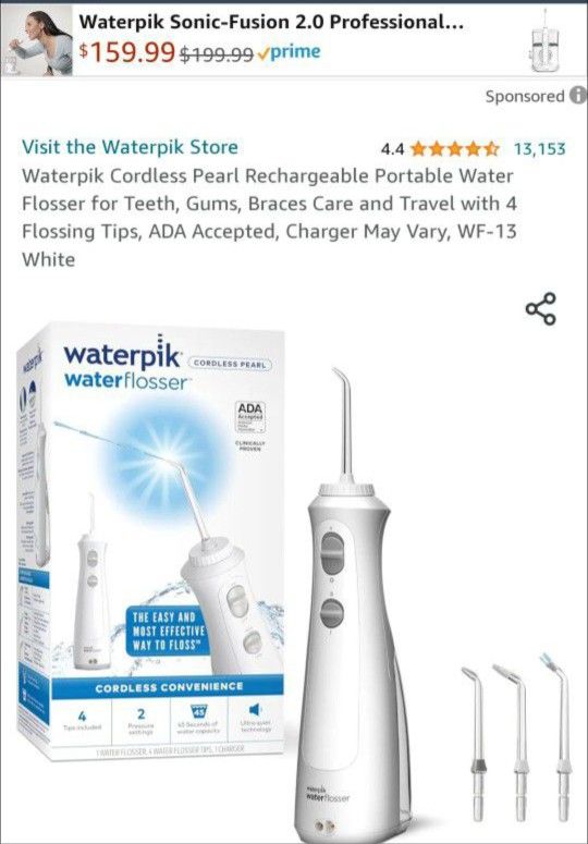 Waterpik Cordless Pearl Rechargeable Portable Water Flosser for Teeth "New