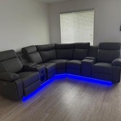 Grey Sectional Sofa Recliner Speakers USB Charger Console New