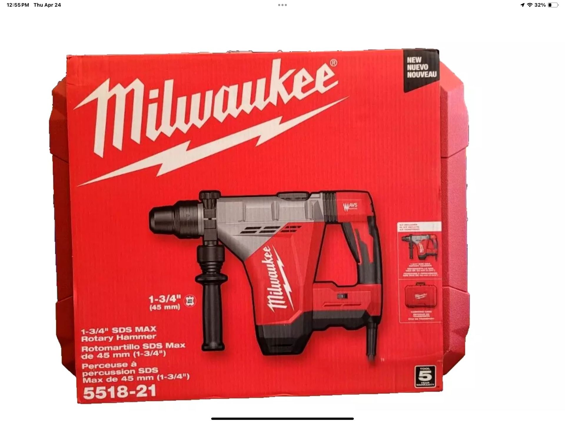 Milwaukee 5518-21 1-3/4" SDS MAX Corded Rotary Hammer Kit .