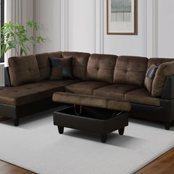Brown microfiber sectional couch and ottoman